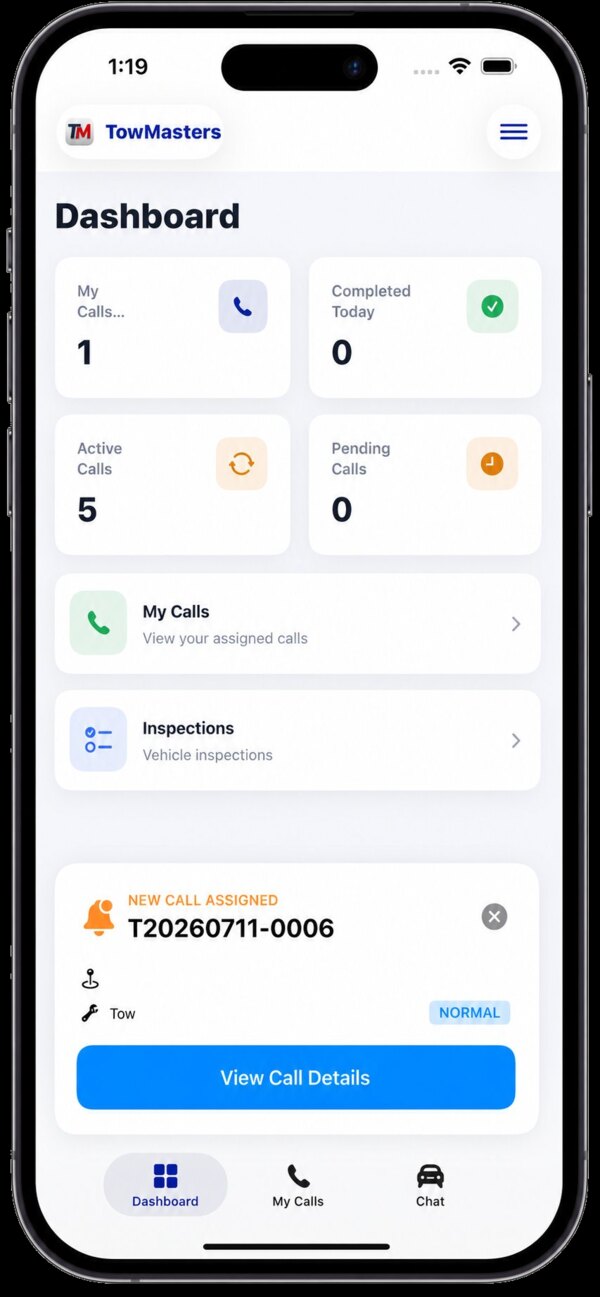 TowMasters dashboard on iPhone